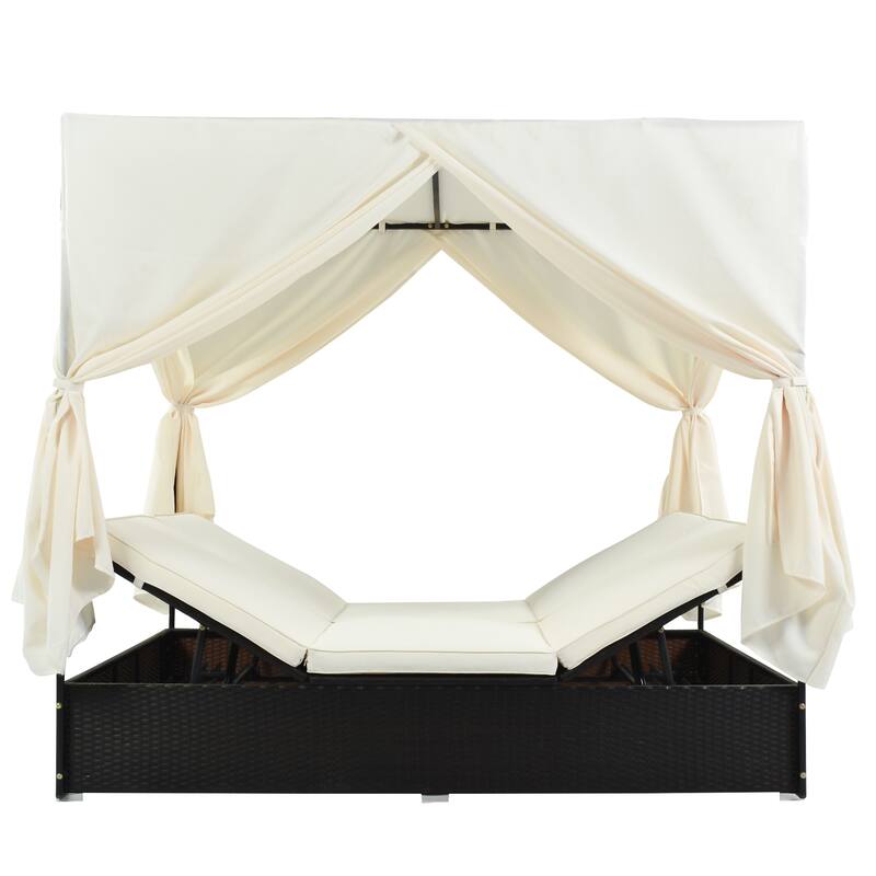 Outdoor Rattan Canopy Daybed Sunbed with Curtain & Adjustable Seat