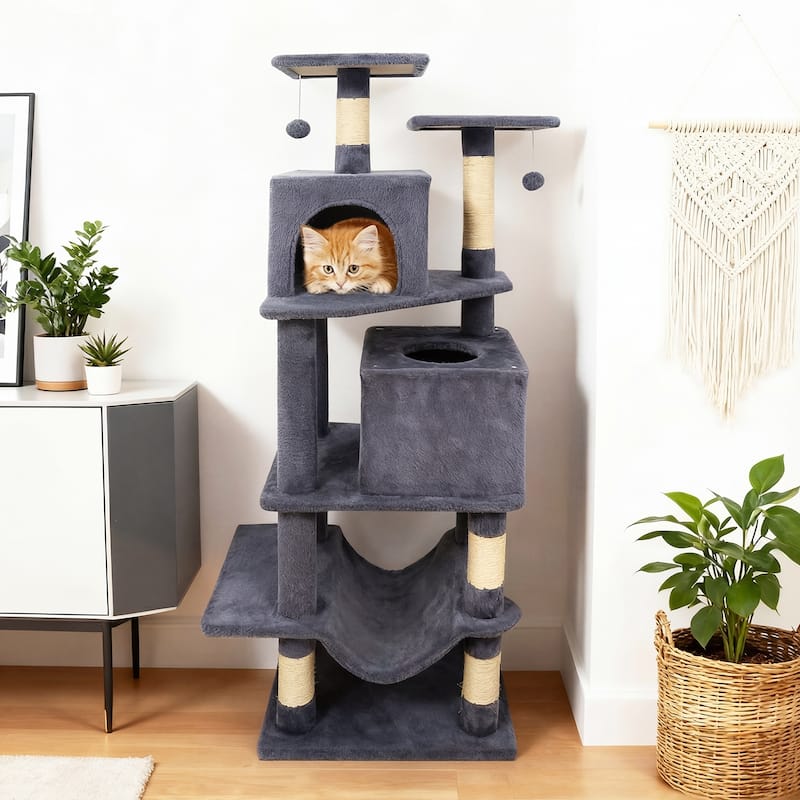 Gymax 57'' Cat Tree for Indoor Cats w/Dual Condos Hammock Sisal