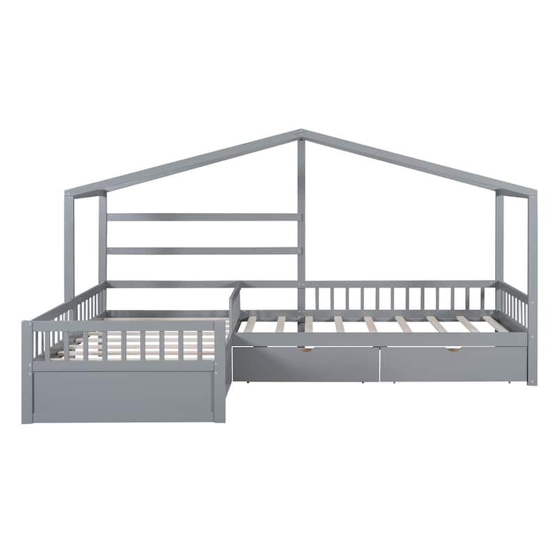 Double Twin L-Shaped House Platform Bed with Drawers and Guardrail