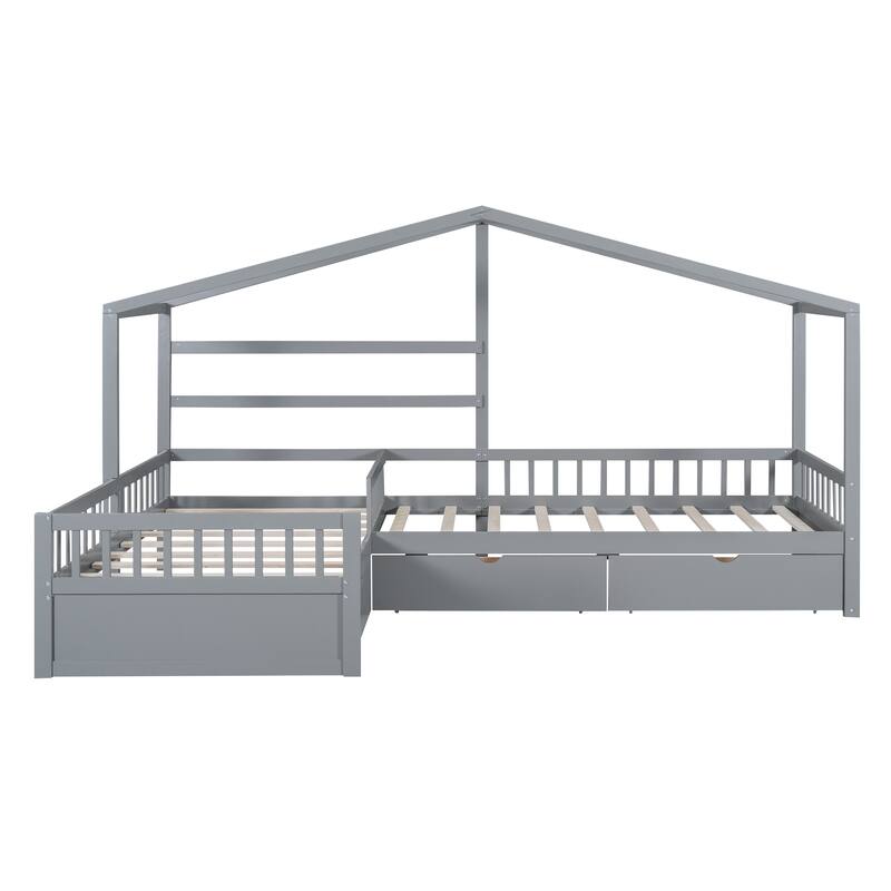 Roomfitters Twin House Platform Bed with Roof-Inspired Frame and Three Underbed Compartments