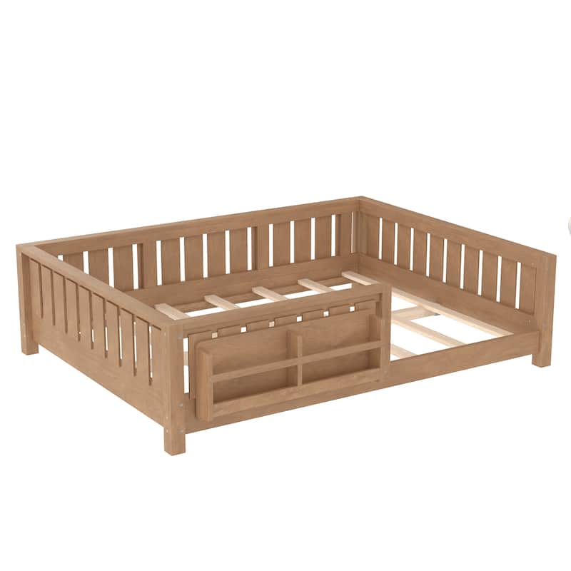 Low Profile Montessori Bed Floor Platform Bed with Fence and Bookshelf