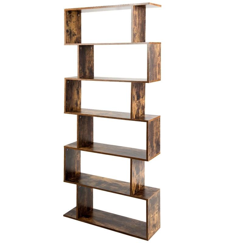 6-Tier S-Shaped Bookcase Z-Shelf Style Storage Bookshelf-Coffee - 31.5" x 9.5" x 76" (L x W x H)