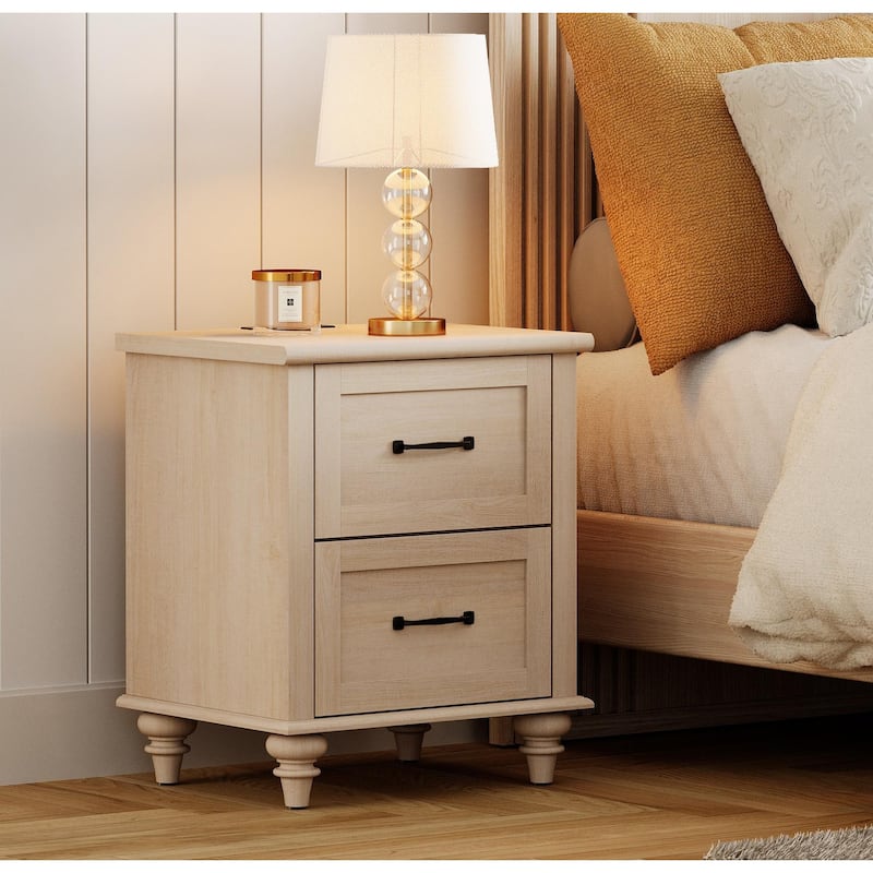 Nightstand with Charging Station, 2-Drawer End Table for Bedroom - Antique Beige - 2-drawer