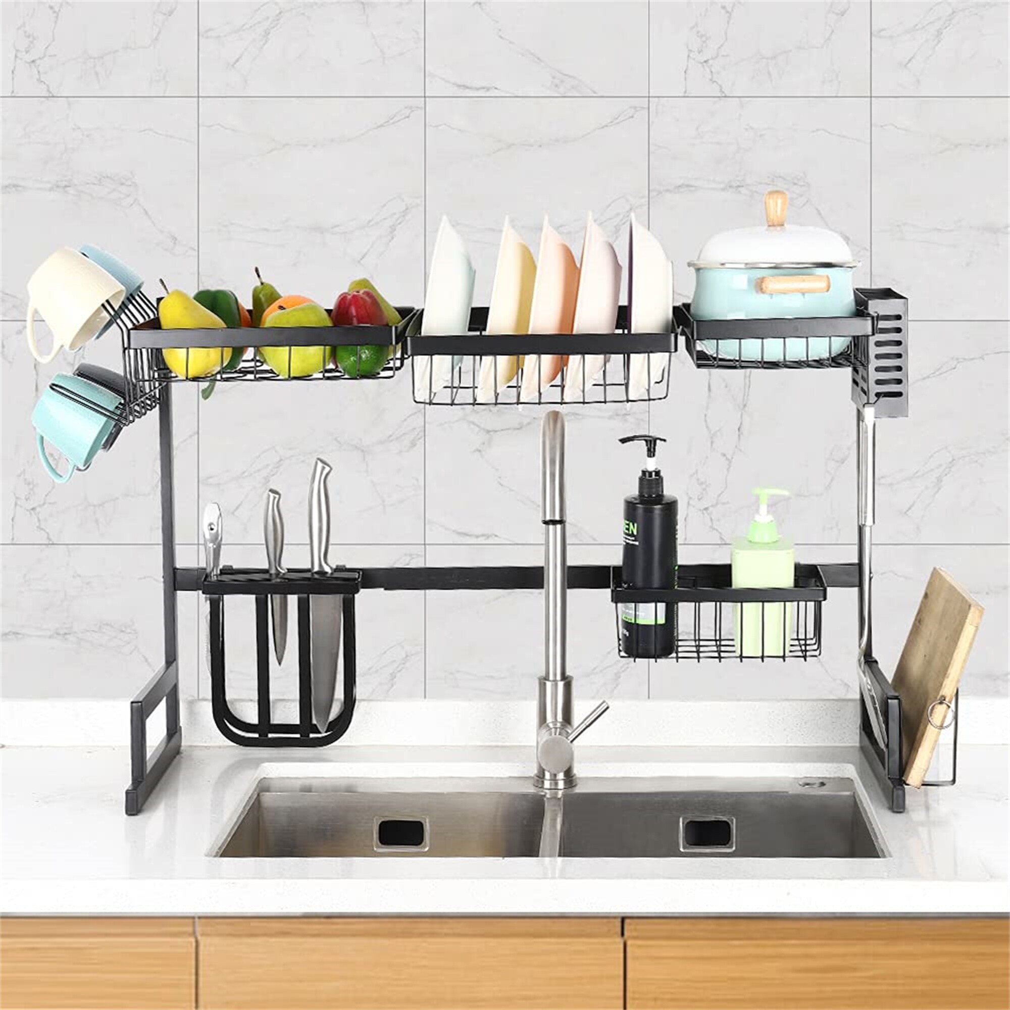 2 Tier Over the Sink Dish Rack Stainless Steel Black