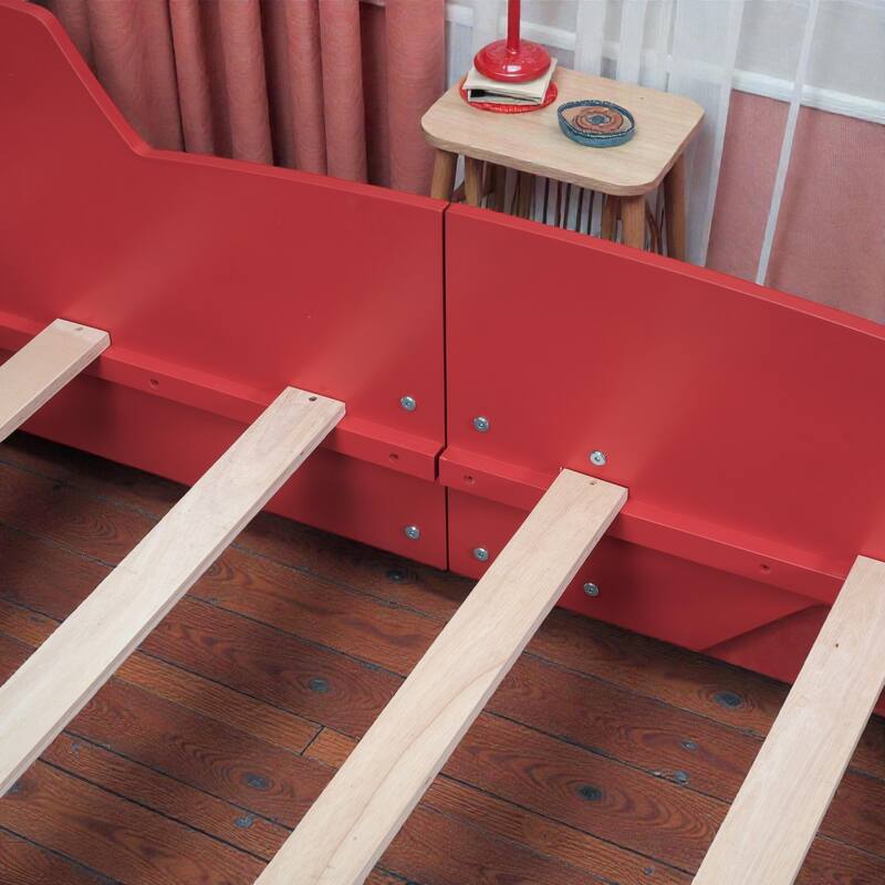 Race Car Platform Bed with Wheels, Kids Car-Shaped Bed Frame with Safety Rails