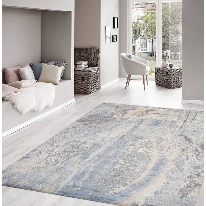 Pasargad Home Modern Hand-Knotted Abstract L.Blue Silk & Wool Area Rug - 8' 9'' X 12' 1''