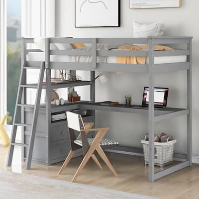 Loft Bed with Desk and Shelves, Two Built-in Drawers