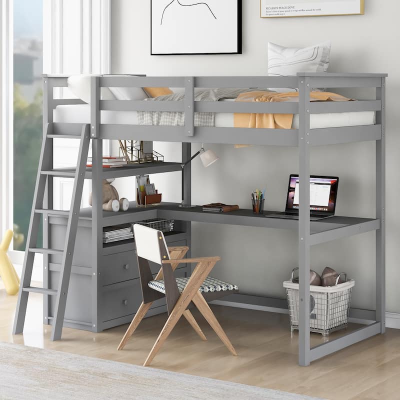 Twin Size Loft Bed with Desk and Shelves, Two Builtin Drawers Bed