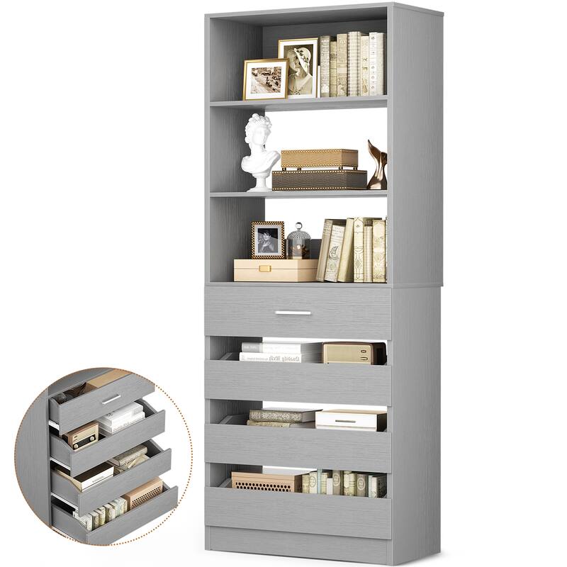 21.3" Storage Cabinet Bookshelf with Charging Station and 3 Wood Drawers, Freestanding Closet System with Storage Shelves