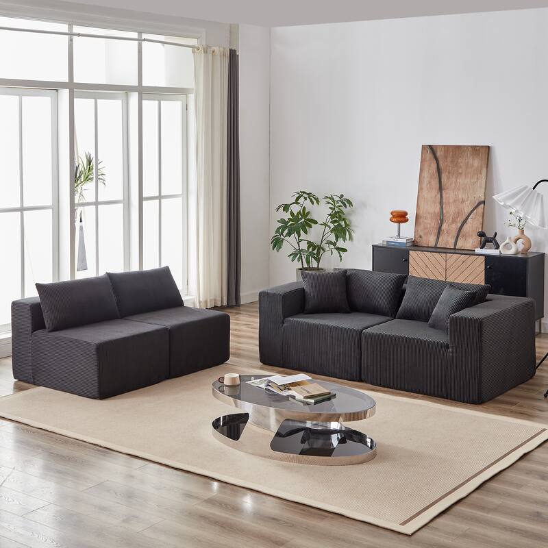 Corduroy Convertible Sectional Cloud Sofa, Foam-Filled Compressed Boneless Sofa, Modular L Shaped Floor 4 Seat Sofa