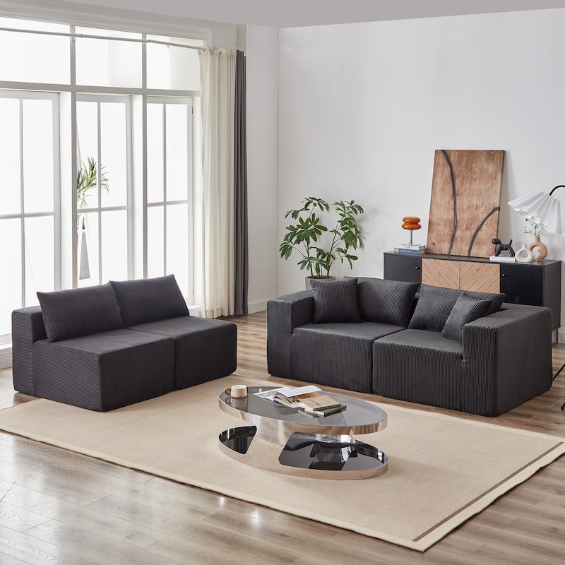Corduroy Modular Sectional Sleeper Sofa L Shaped Recliner Couches Upholstered Daybed 4pc Lounge Sofa for Living Room Chaise