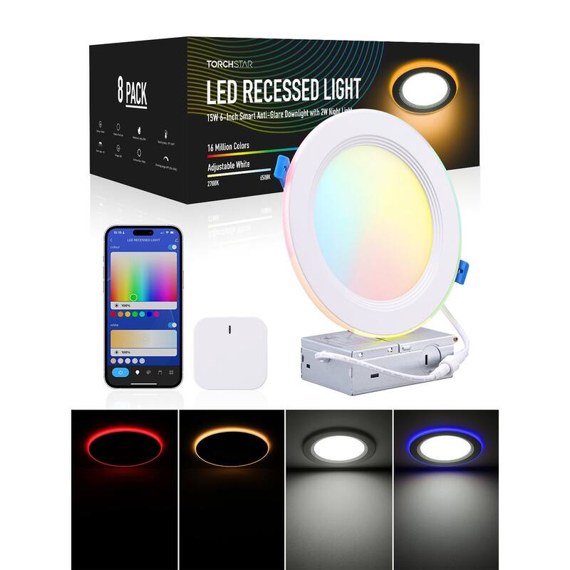 6 Inch CCT LED Recessed Lights with RGBCW Back Light, 5CCT - 6in