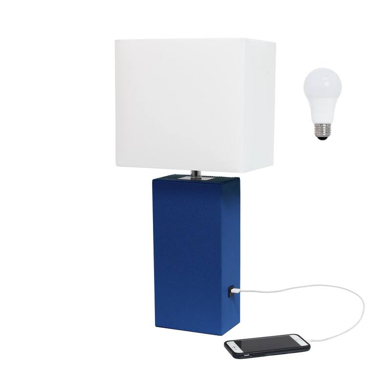 Modern Leather Table Lamp with USB and White Fabric Shade