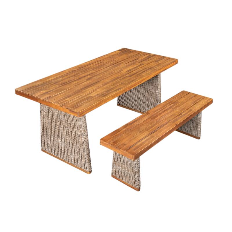 Outdoor Acacia Wood Dining Table Set with 1 Table and 1 Bench