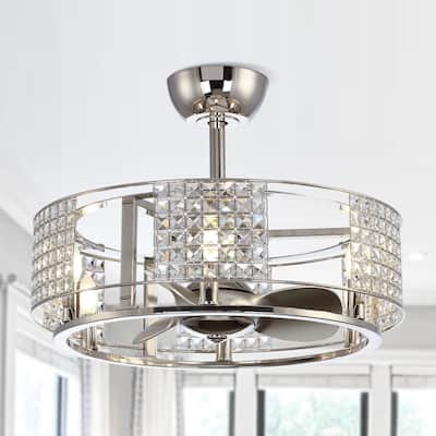 24" Chrome Modern Crystal Ceiling Fan Chandelier with Remote