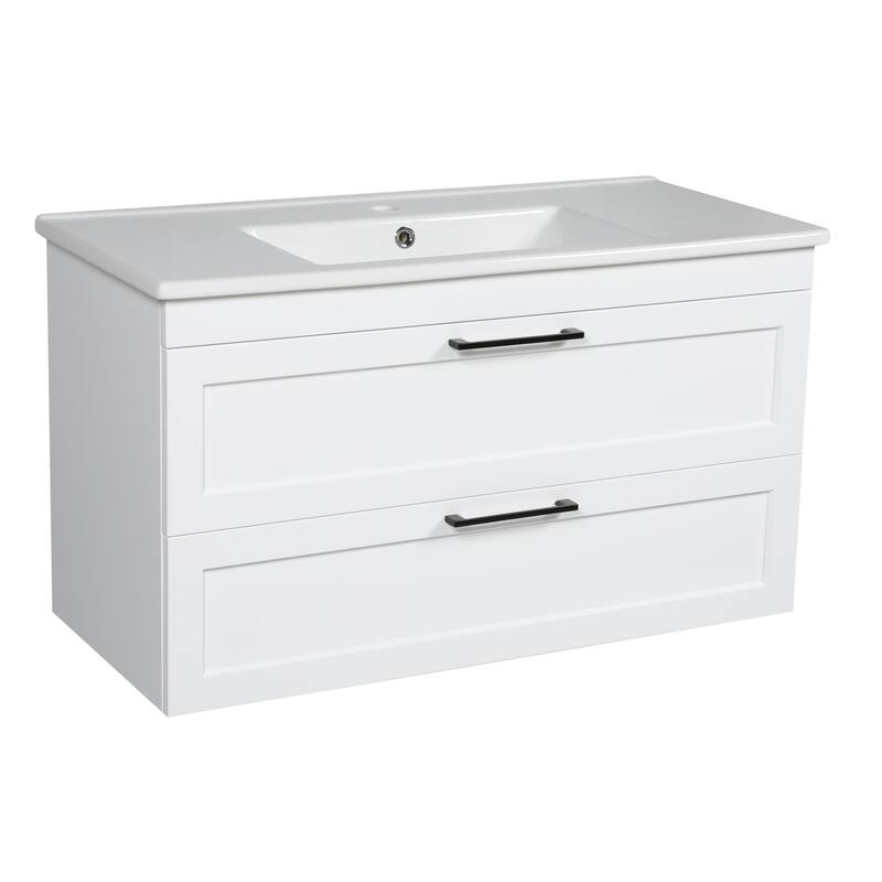 Modern Wall-Mounted Bathroom Vanity with Washbasin Palm Beach White High Gloss Non-Toxic MDF-26"-Simple 40" - White - 26" - High Gloss