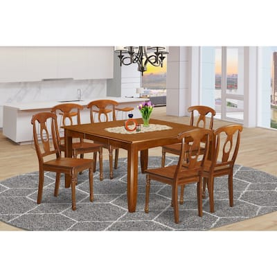 HomeStock 7-Piece Square Saddle Brown Finish Solid Wood Top Dining Table with 6-Chairs with Lattice Back