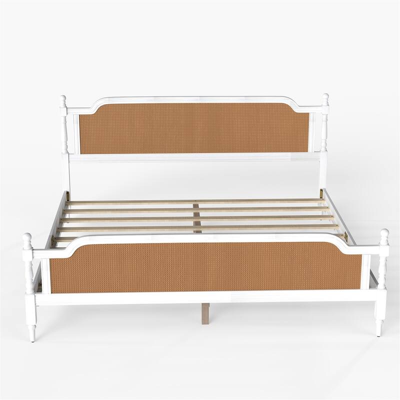 Rattan and Mid-Century Modern Queen Bed Frame with Headboard & Footboard