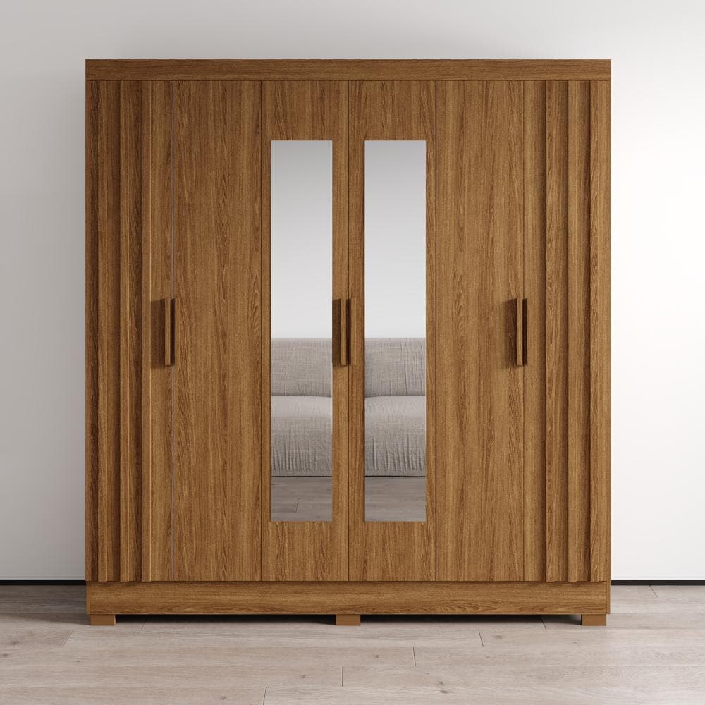 Meble Furniture Valencia 77-Inch Wardrobe Armoire with Full-Length Mirror, Drawers and Shelves, Freijo Wood Finish
