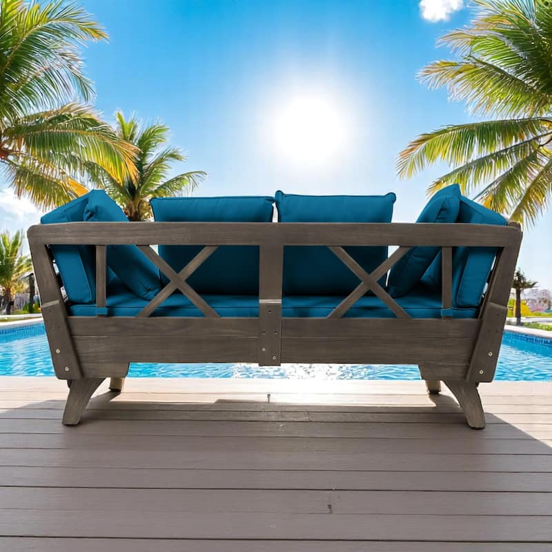 Outdoor Daybed Sofa, Acacia Wood Frame with Cushions, Expandable Design Patio Lounger for Garden, Balcony, Deck or Backyard