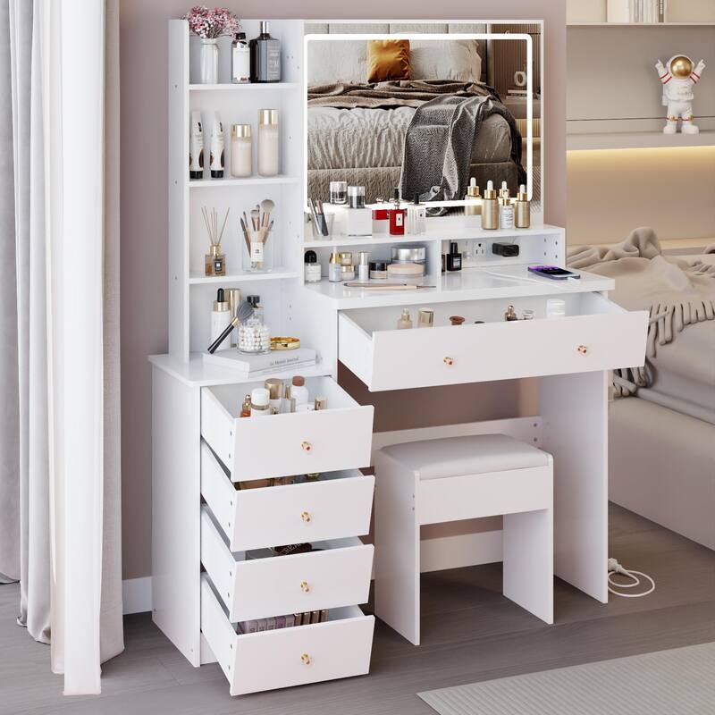 41" Large Size Left Bedside Cabinet Vanity Table + Cushioned Stool Dresser Set, 2 AC+2 USB Power Station, Hair Dryer Stand