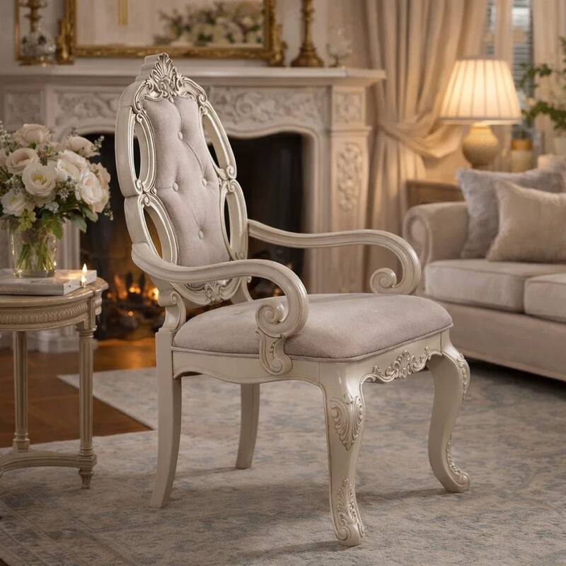 Fabric Upholstered Wooden Arm Chairs with Cabriole Legs, White and Gray, Set of Two