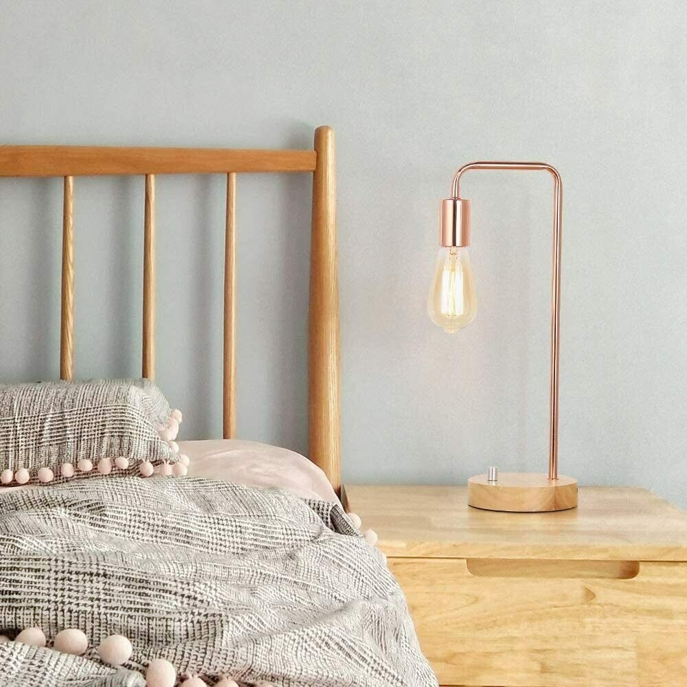 Industrial Nightstand Lamp with Wooden Base Metal Rose Gold On Sale Bed Bath Beyond 35493125