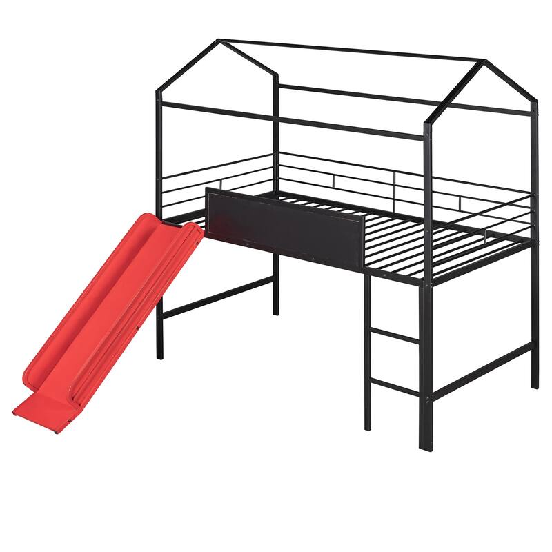 Twin Metal House Loft Bed with Slide and Ladder