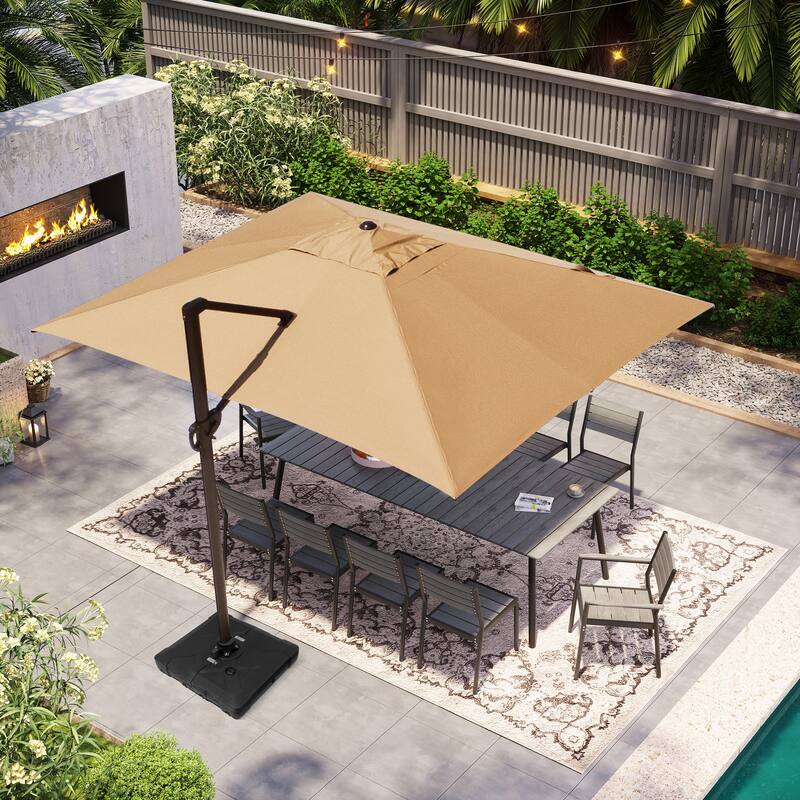 VredHom 10X13 FT Patio Outdoor Cantilever-Offset Umbrella with Base Stand - Tan