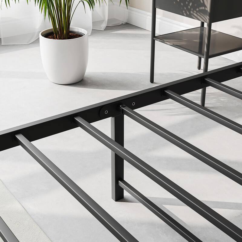 Queen/Full/Twin Stable Platform Bed Frame, Storage Headboard with Charging Station, Black/Wood Color