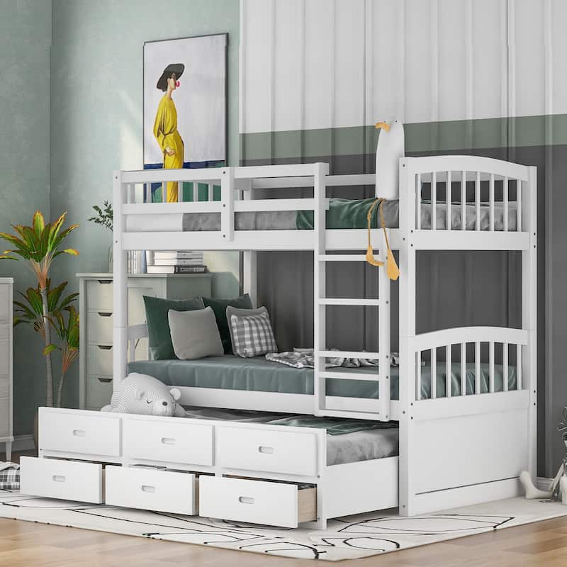 Twin Over Twin Wood Bunk Bed with Trundle and Drawers