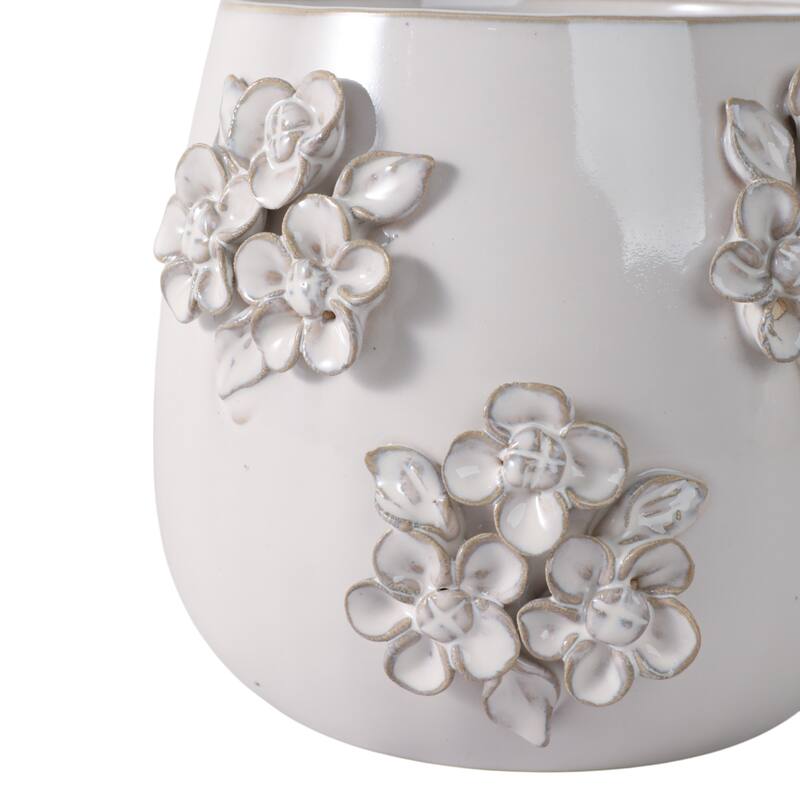 Ceramic Planter with Raised Floral Detailing and Glossy Texture