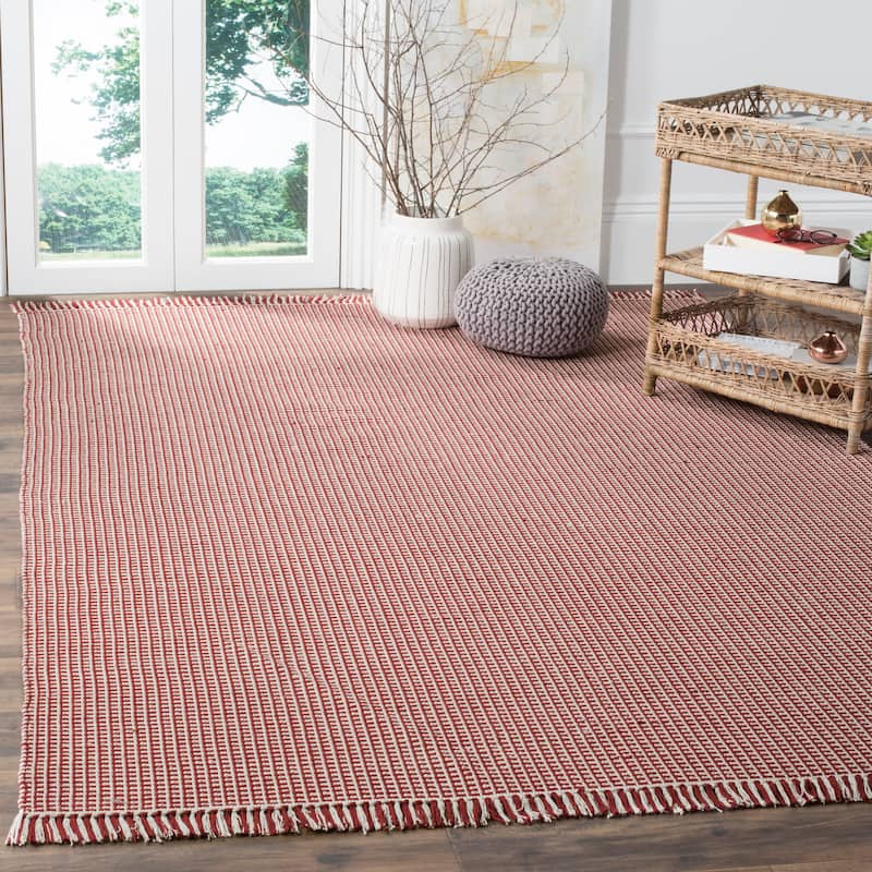 SAFAVIEH, Handmade Montauk Cliff Stripe Flatweave Cotton Fringe Rug - 8' x 10' - Ivory/Red