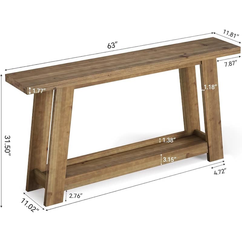 63-Inch Narrow Solid Wood Console/Entryway/Sofa Table Behind Couch with 2-Tier Shelf