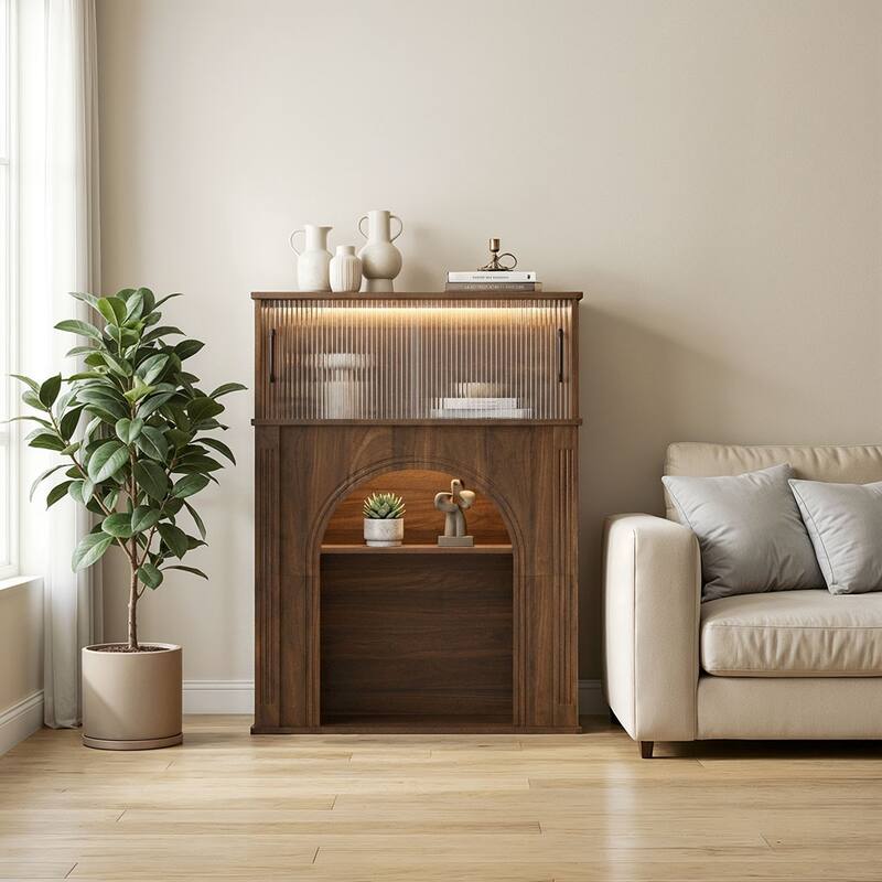 LED Lighted Display Cabinet with Fluted Glass Doors, Wooden Sideboard Buffet Cabinet for Living Room or Dining Room