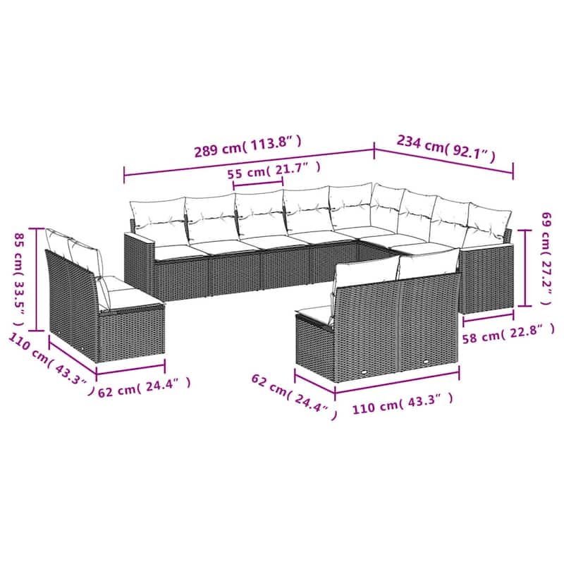 vidaXL Patio Sofa Set with Cushions Outdoor Conversation Furniture Poly Rattan - 24.4 x 24.4 x 27.2 in
