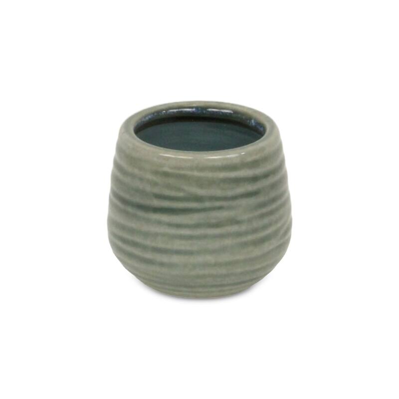 Fairloam Round Curved Wave Lined Pattern Ceramic Pot - Green