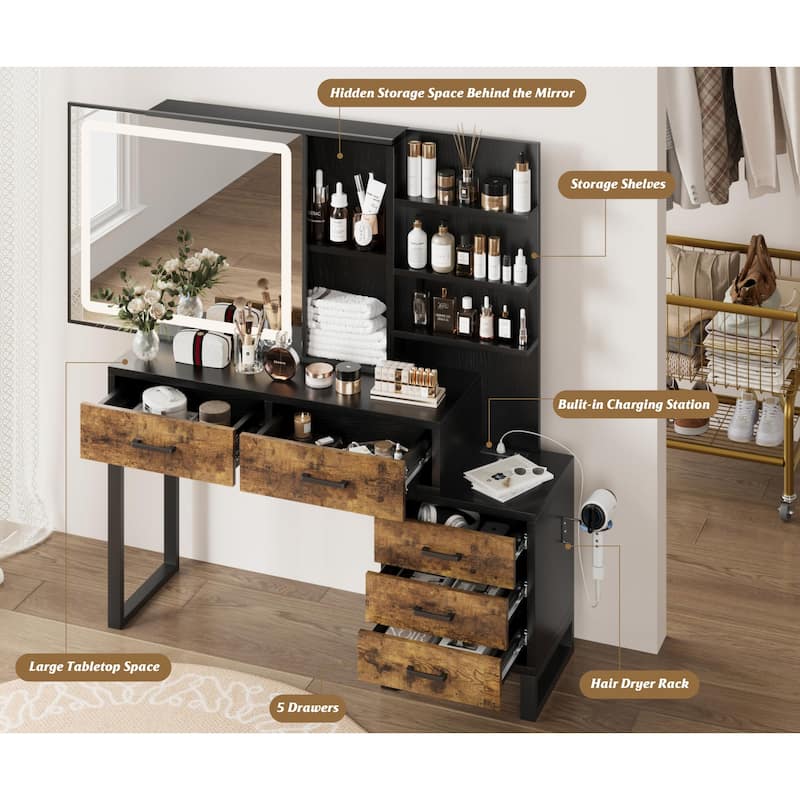 Makeup Vanity Desk with Mirror and Charging Station