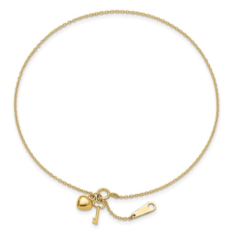 Curata Women's 14k Yellow Gold Gold Heart and Key Anklet - 10 Inch