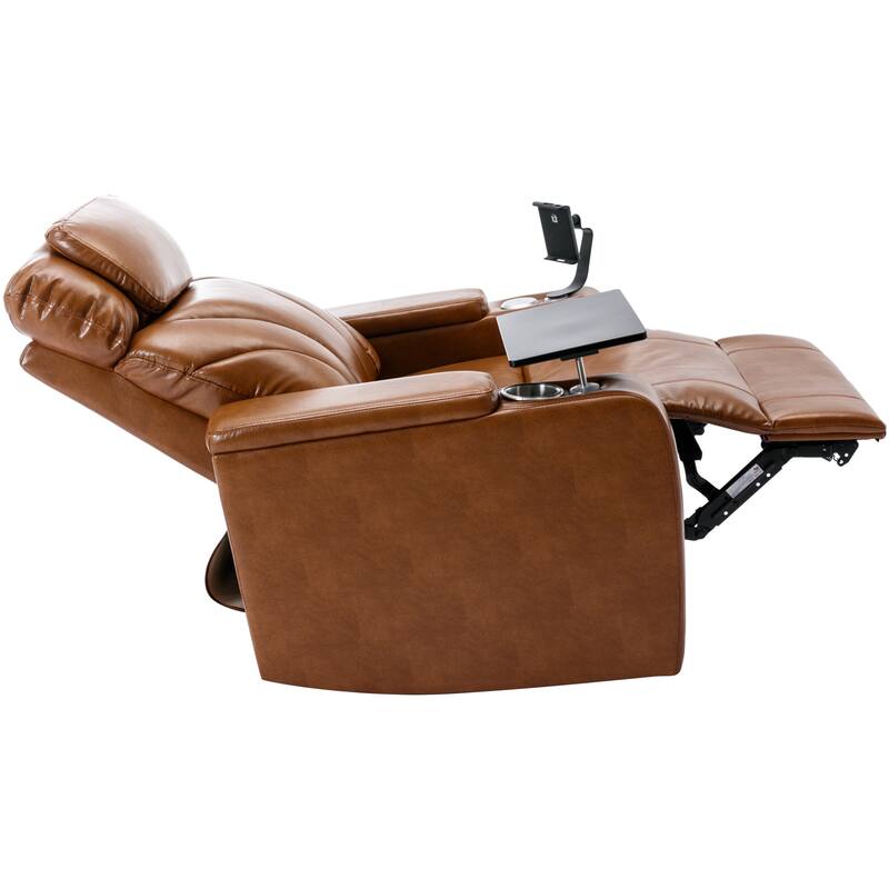 Light Brown PU Leather Power Motion Recliner with Arm Storage, Stereo