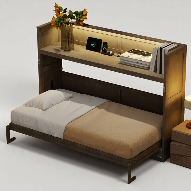 Twin XL Foldable Murphy Bed with Built-in Desk, USB Ports and LED Lighting, Pine Wood Frame, No Box Spring