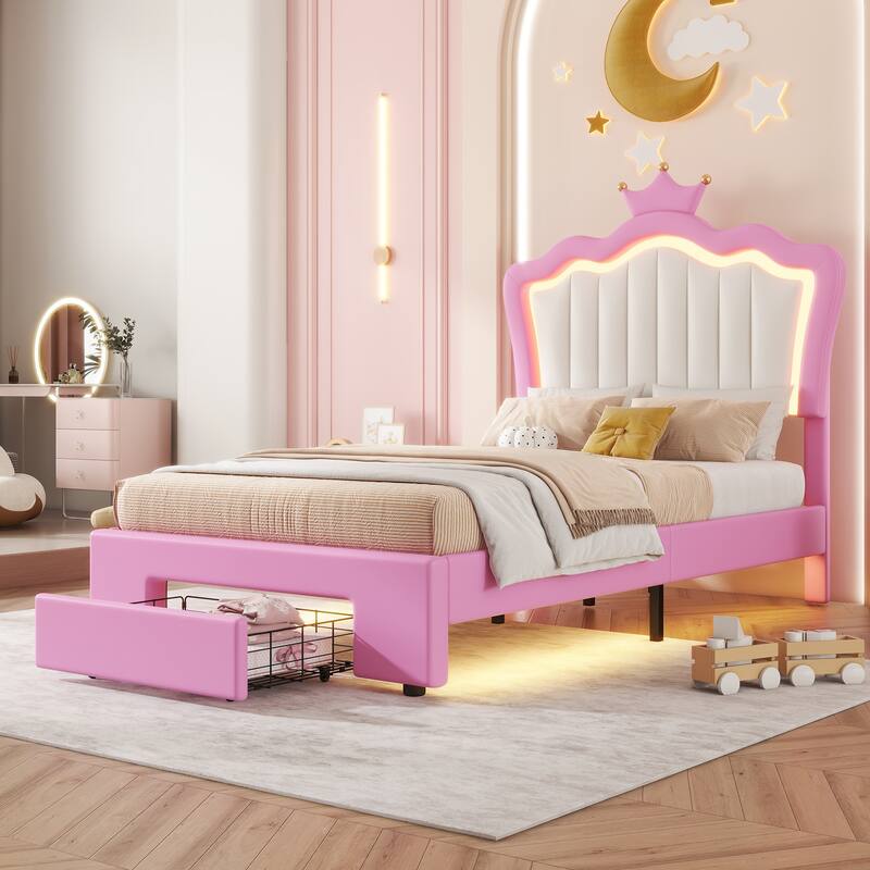 Twin Size Upholstered Bed Frame with LED Lights, Crown Headboard, and Drawer in Pink and White