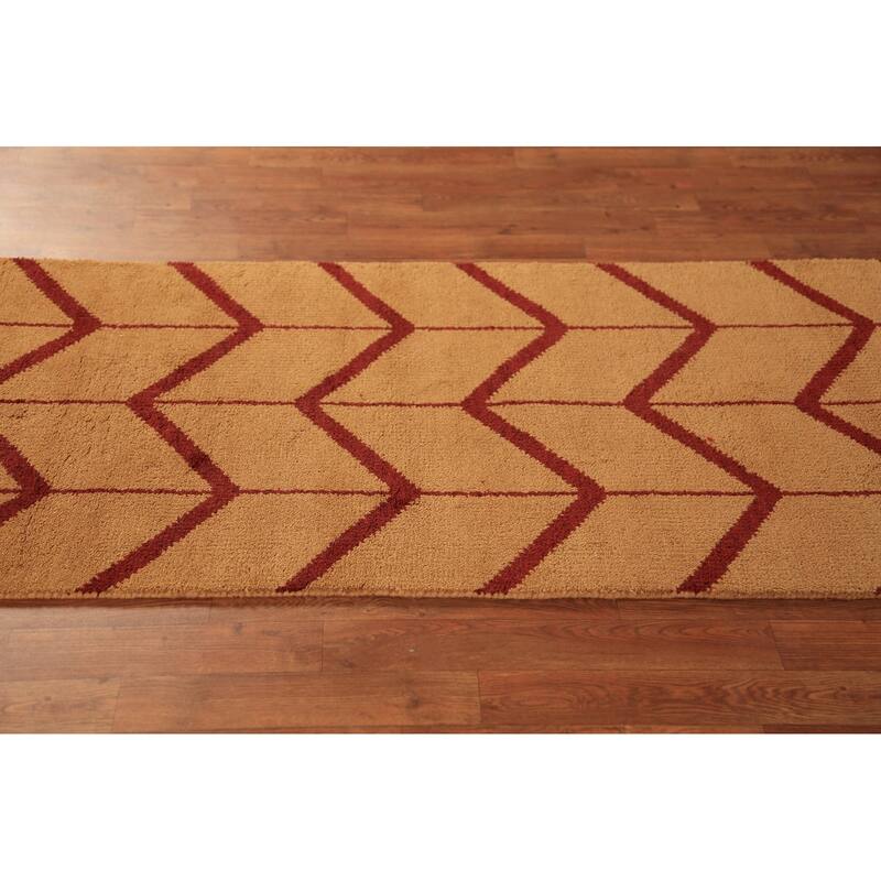 Hand Knotted Oriental 100% Wool Carpet Modern Geometric Oranges & Rust Moroccan Runner Rug - 9' 10'' X 2' 9''