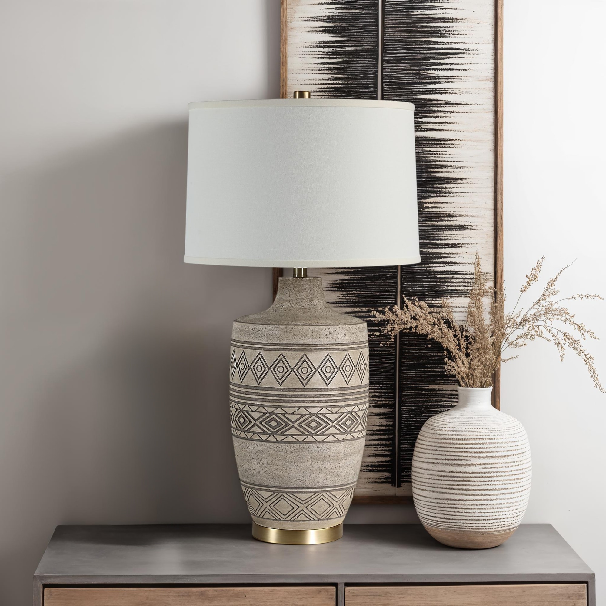 Geometric Motif Table Lamp with Drum Shade - 30.5" - Beige