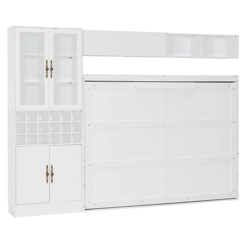 Space-Saving Full Size Murphy Bed with Sofa, Shelves, USB & Light in White