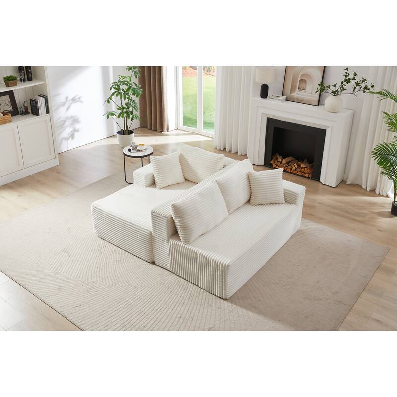L-shaped Corduroy Cloud Sectional Sofa with Chaise and Deep Seat - White
