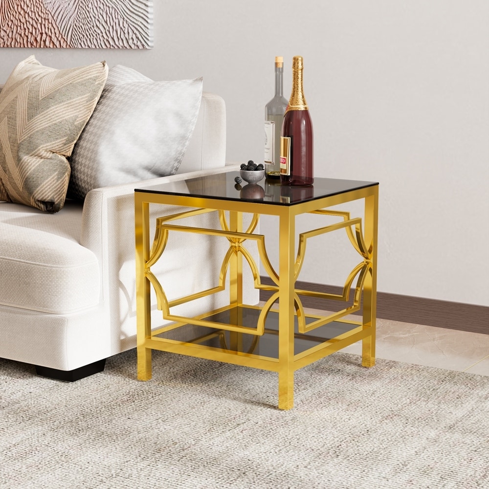 Gold Square Side Table with Tempered Glass Top and Storage Shelf