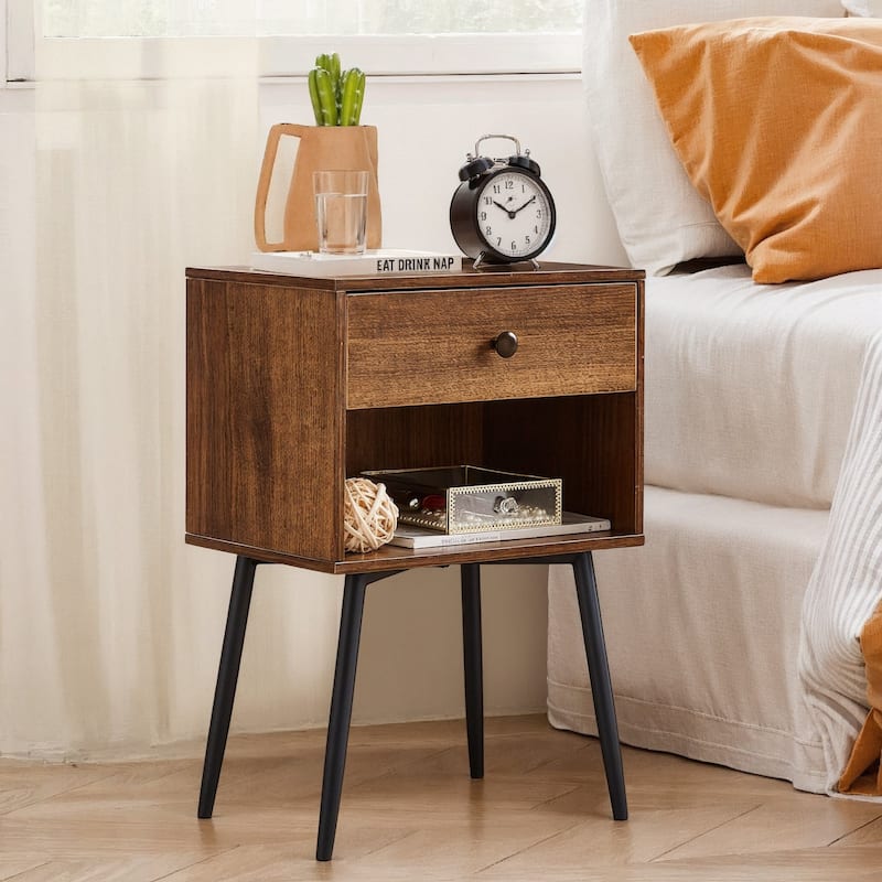 VECELO Nightstand Set of 2 Mid Century 1-Drawer Nightstand with Enclosed Open Shelf Multi-Color Options for Bedroom Living room