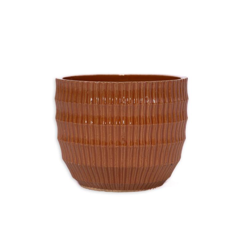 Coral Ceramic Flowerpot 4pc Set, Sleek Striped Design, Drainage Hole, Frost Heat Weather Resistant, for Patio Garden Windowsill