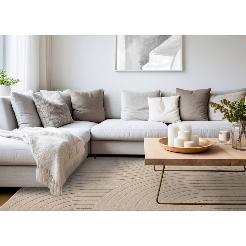 Modern Curved Lines Textured Area Rug in Beige